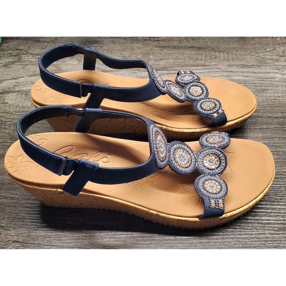 Skechers Cali Shoes Women's 10 Beverlee Date Glam Wedge Sandals Navy‎ Blue EUC